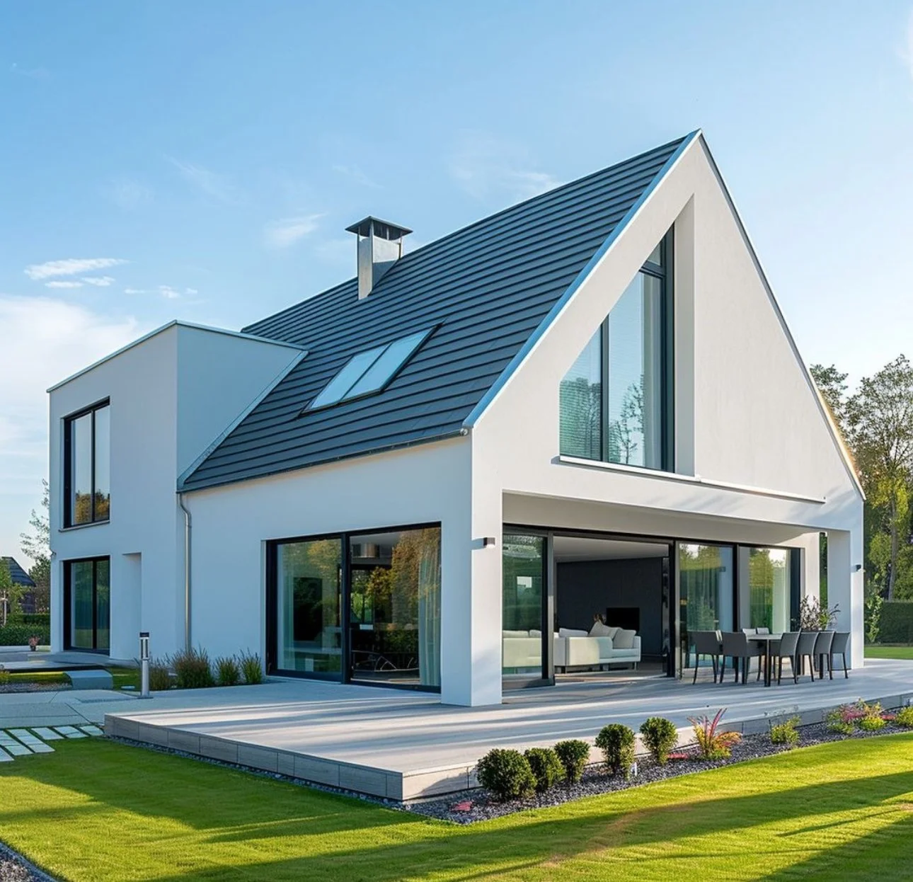 Modern two-story house with a white exterior and a dark sloped roof, large glass sliding doors, and a spacious patio with outdoor furniture, surrounded by a well-maintained lawn and garden.