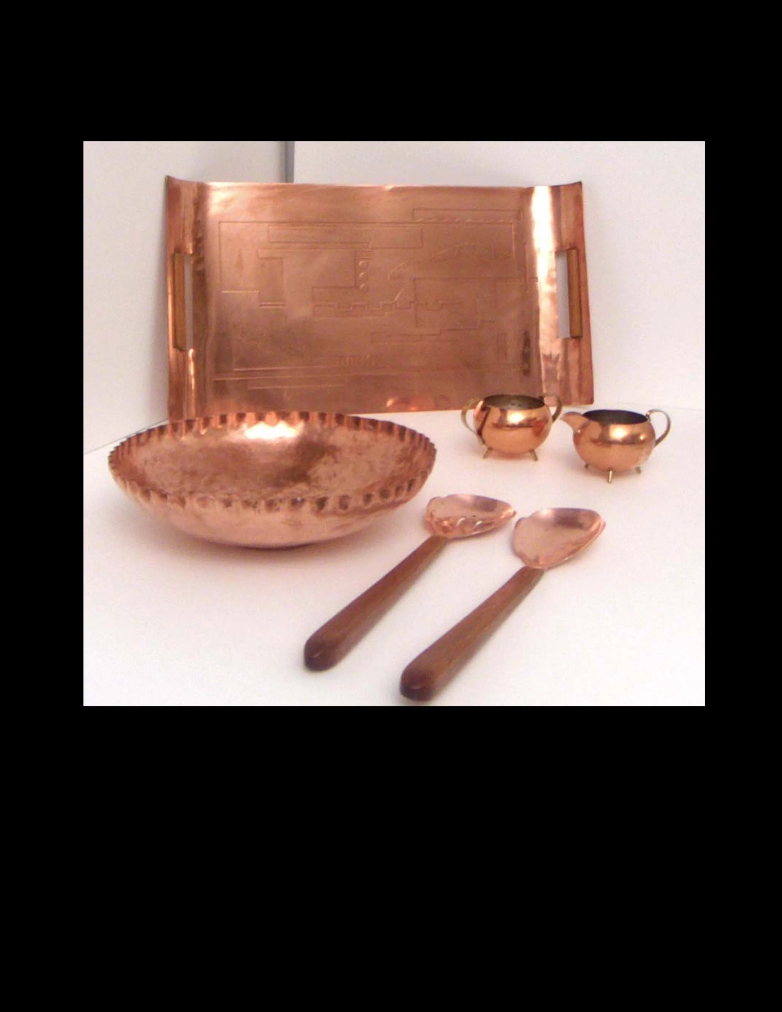 Modernist tray, bowl, sugar and cream set, and serving spoons