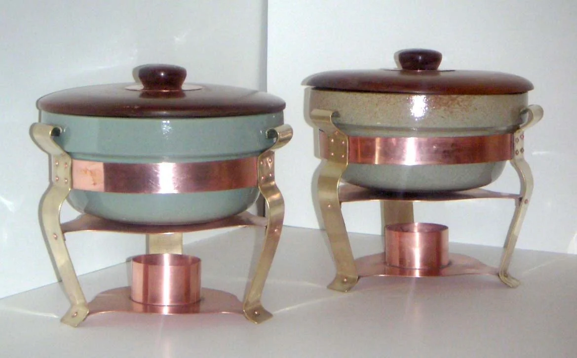 Set of Chafing Dishes-Copper,Brass,Pottery, and Wood 