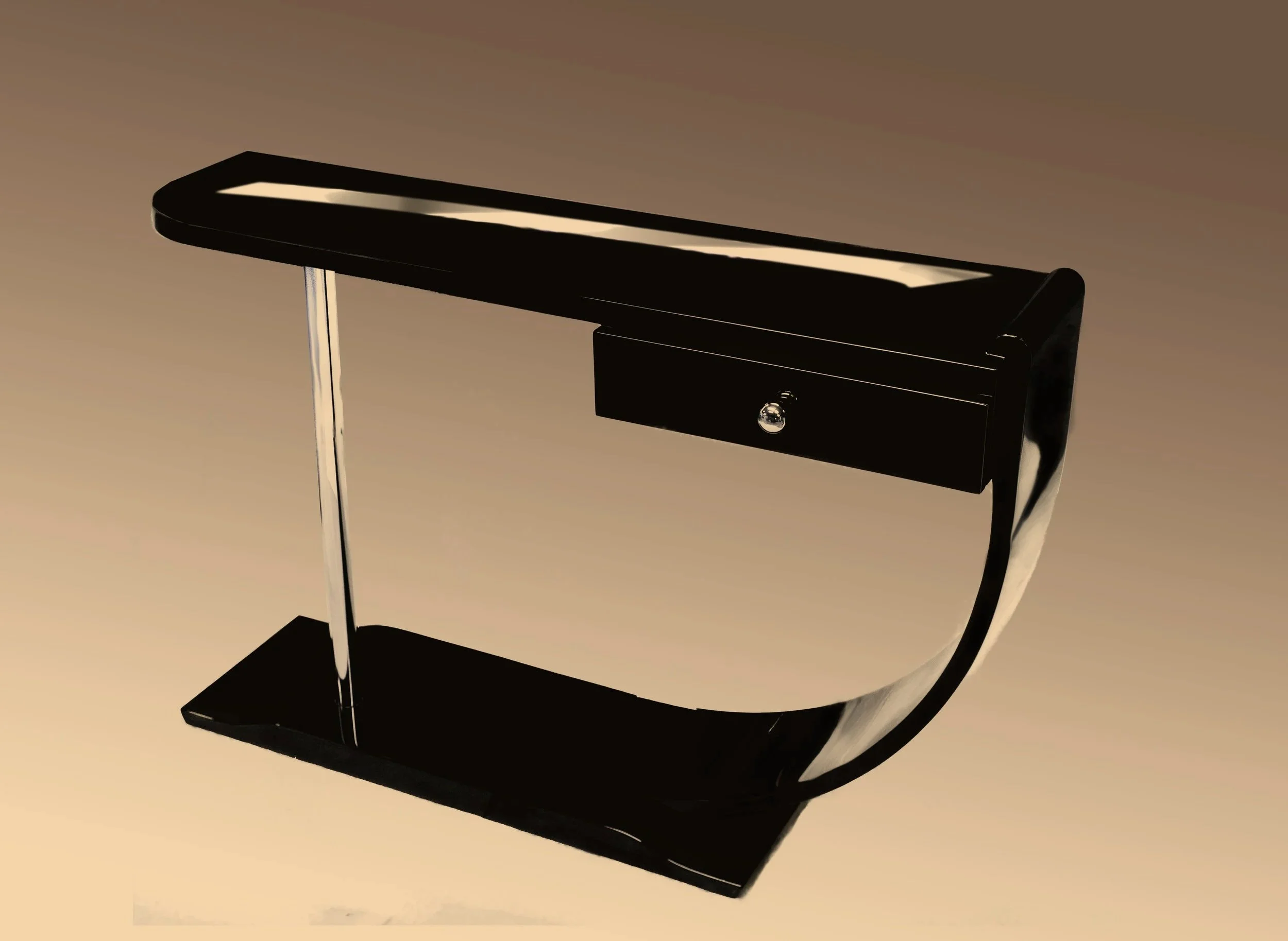 Schwarzer, polierter, Bauhaus-Design Konsolentisch mit einer Schublade und silbernen, polierten Metallbeinen
