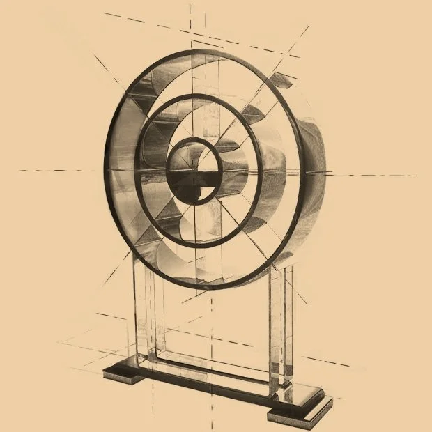 Zeichnung eines modernen, künstlerischen Skulptur-Designs aus Metall, auf hochglanz poliert, mit geometrischen Formen und Linien