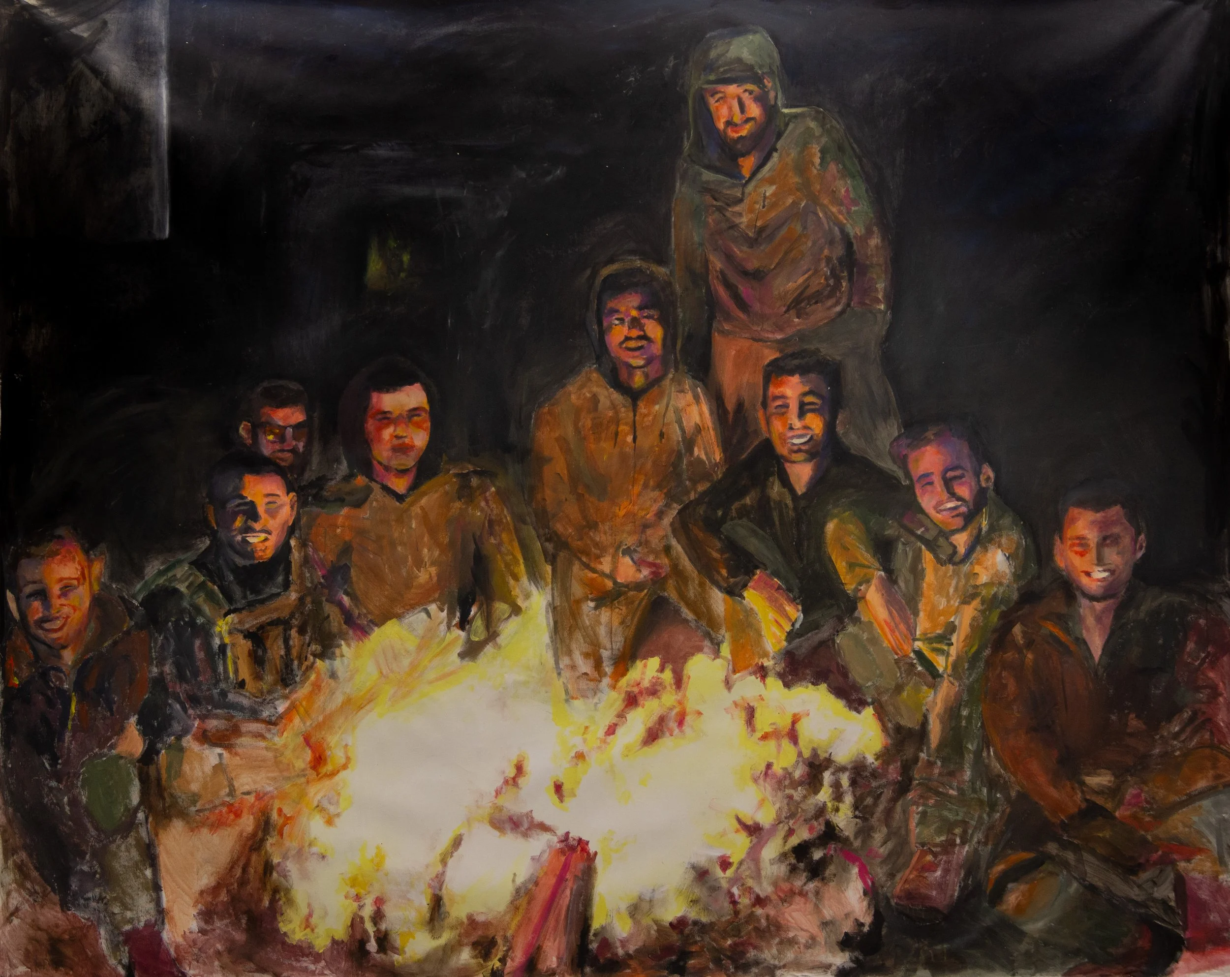 Painted artwork depicting a group of smiling soldiers gathered around a campfire, with one soldier standing and smiling, wearing military gear, and a dark background.