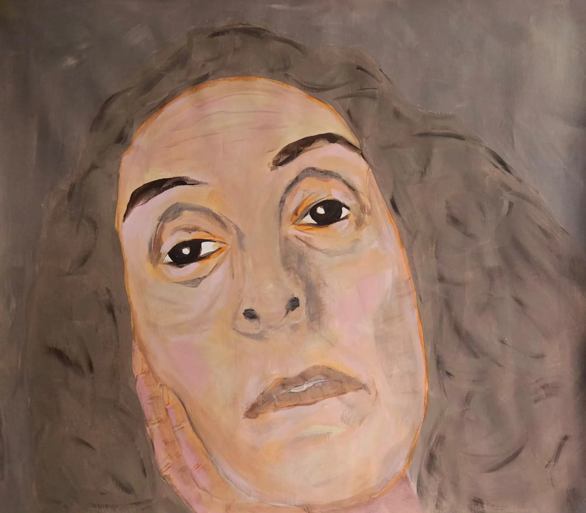 Close-up of an abstract painting of a child's face with large eyes, surrounded by wavy hair, in soft pastel tones.