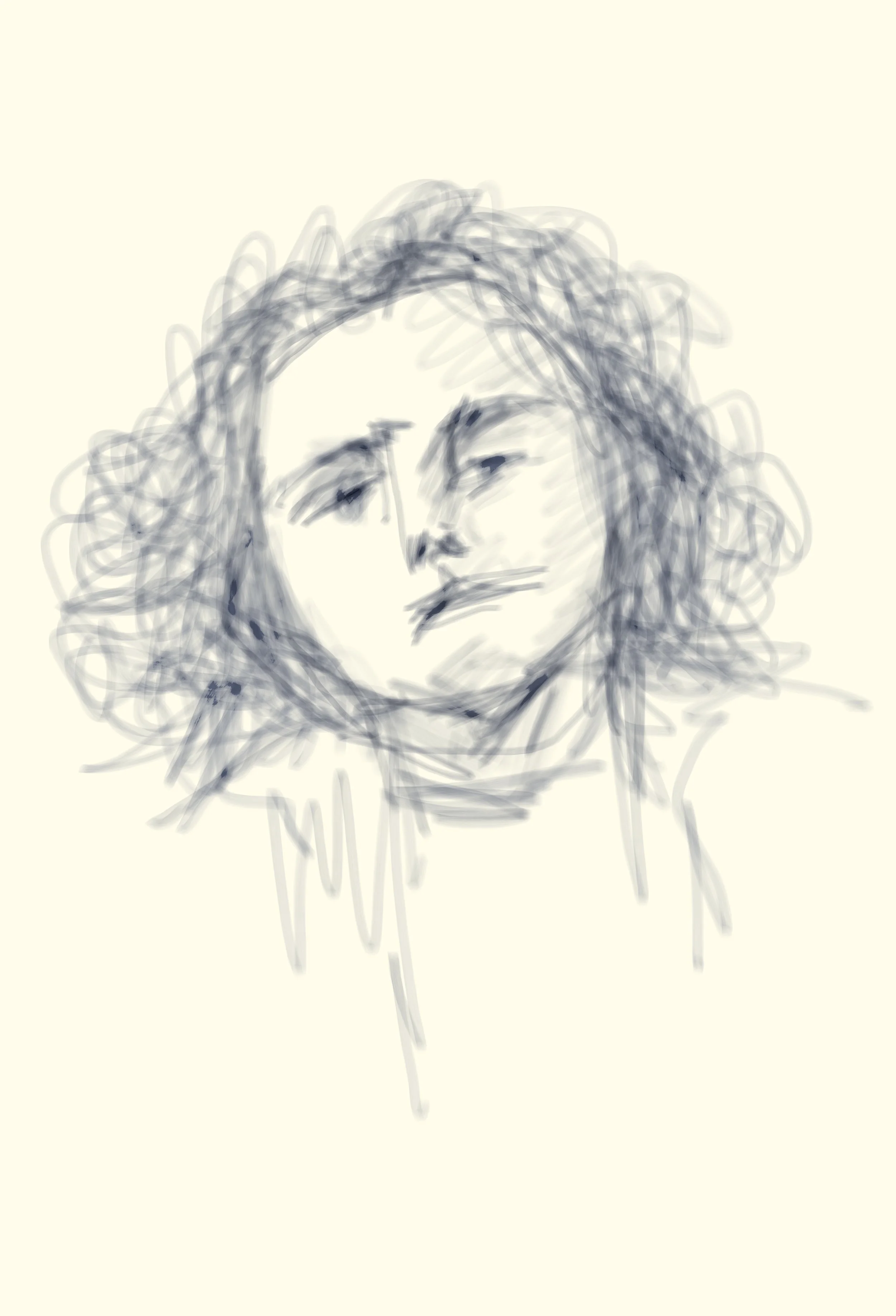 Sketch of a woman's face with curly hair, slightly downturned eyes, and a neutral expression.