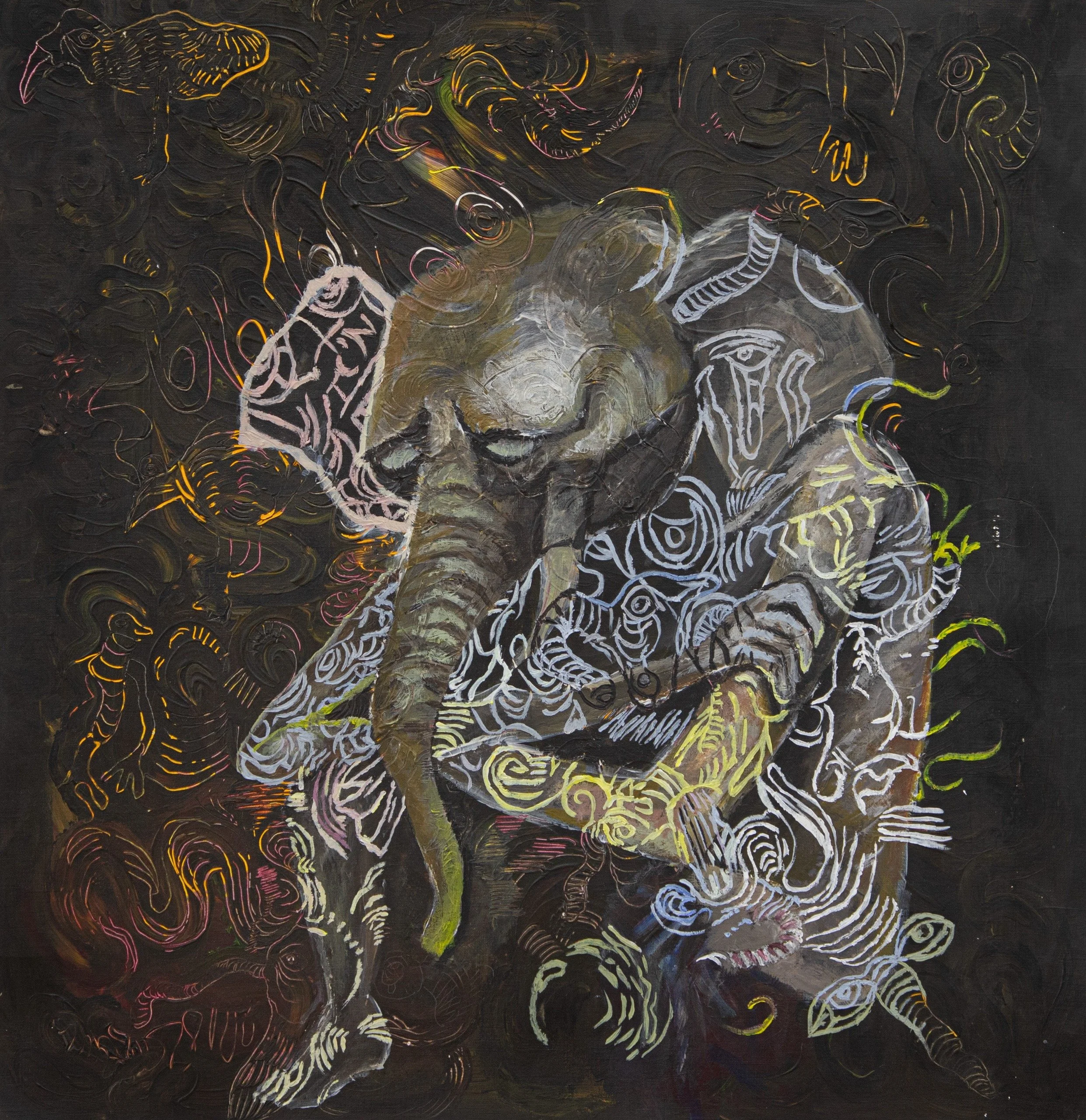 Abstract artwork featuring a stylized human face created with colorful swirling and line patterns on a dark background.