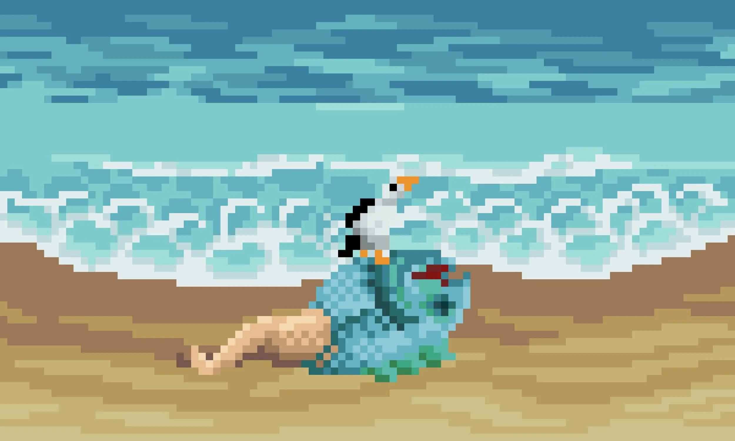 Pixelated image of a seagull standing on a turtle on the beach with ocean waves in the background.