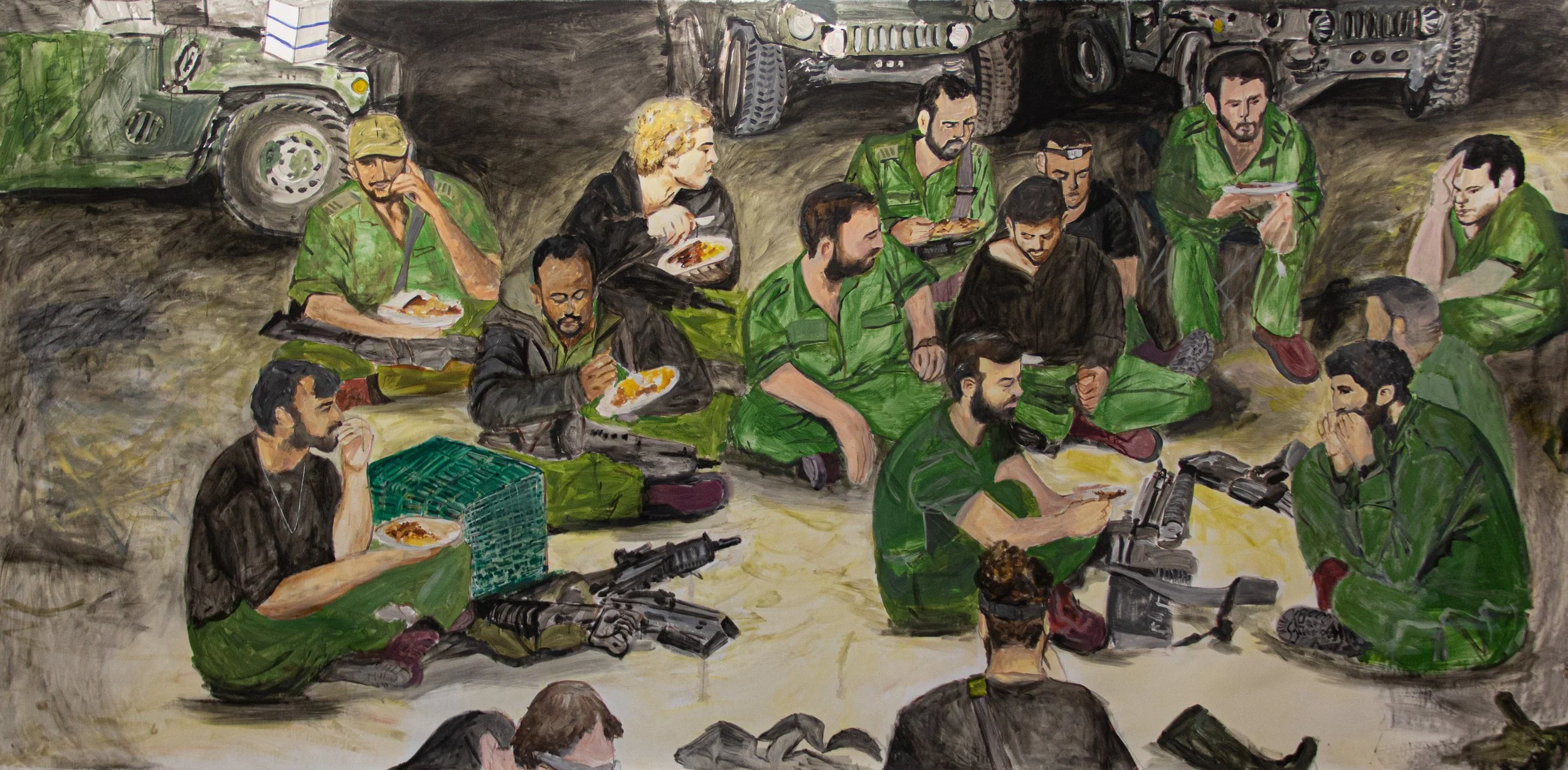 A painting of soldiers in green military uniforms sitting on the ground, eating food and resting near military vehicles. Some soldiers have guns placed in front of them.