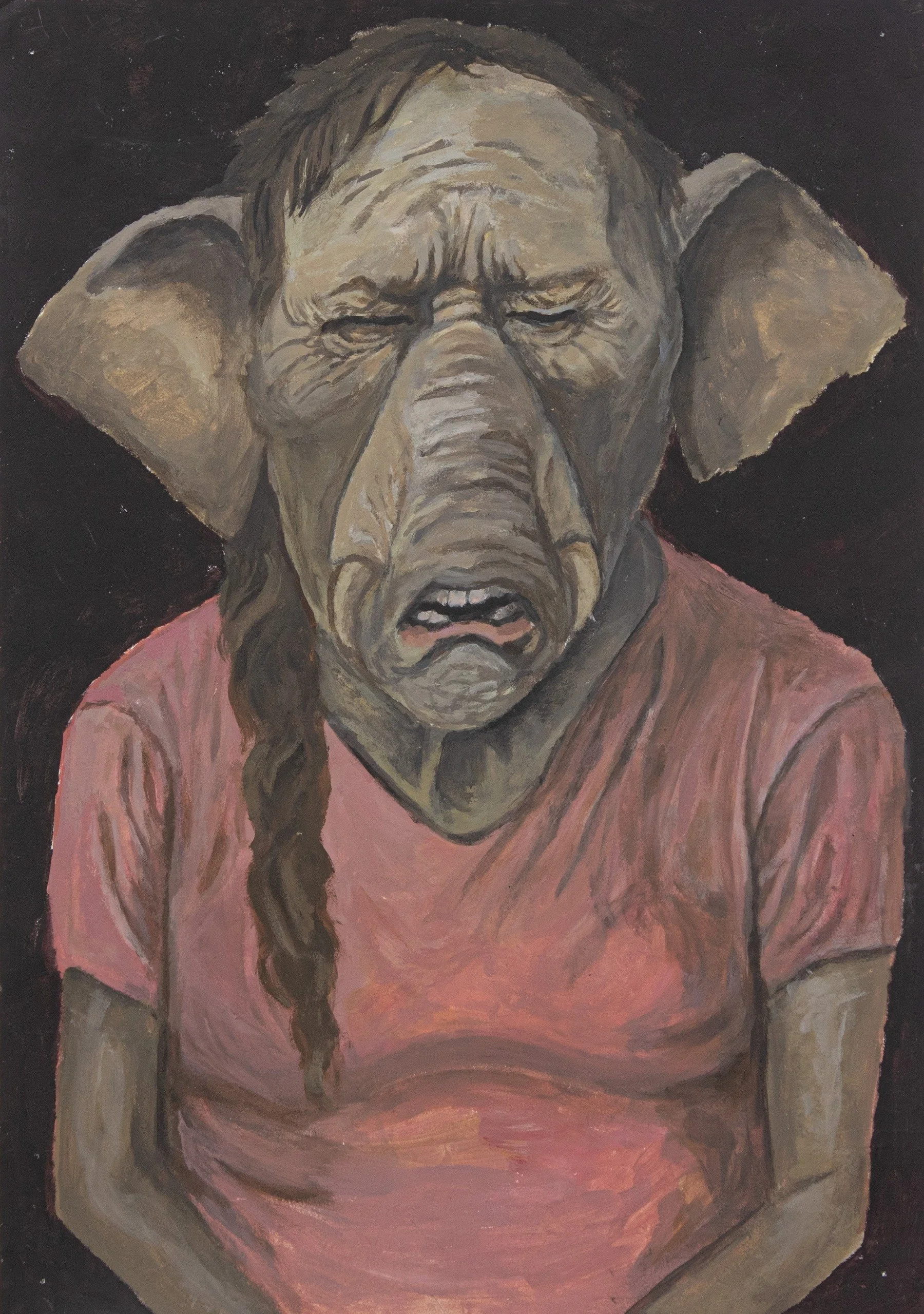 Painting of an exaggerated, distressed human face with large ears, wrinkled skin, closed eyes, and an open mouth, wearing a pink shirt and having a braided hair.
