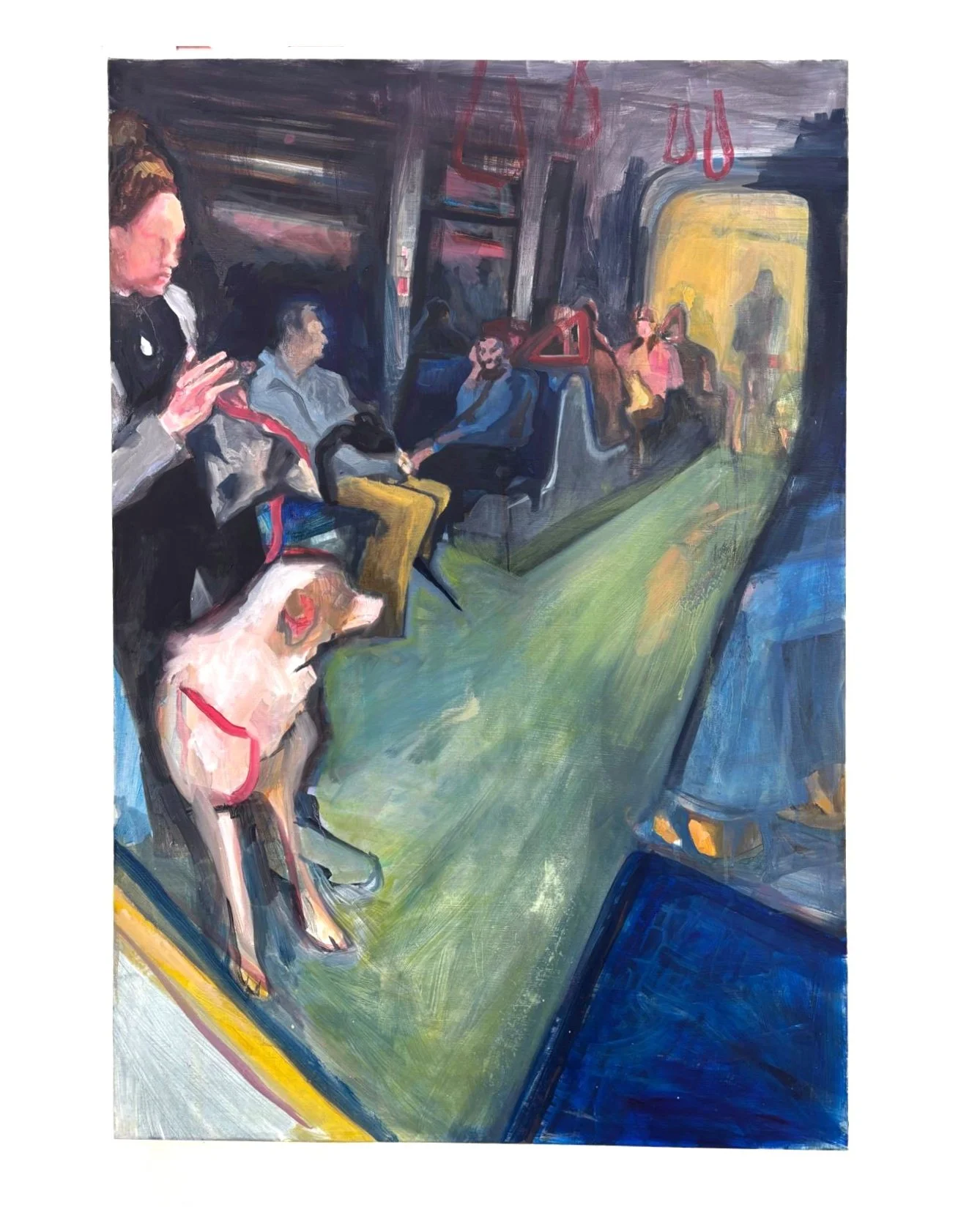 Painting of a subway train interior with seated passengers, some using phones and others engaged in conversation, with a large window and overhead hand straps.
