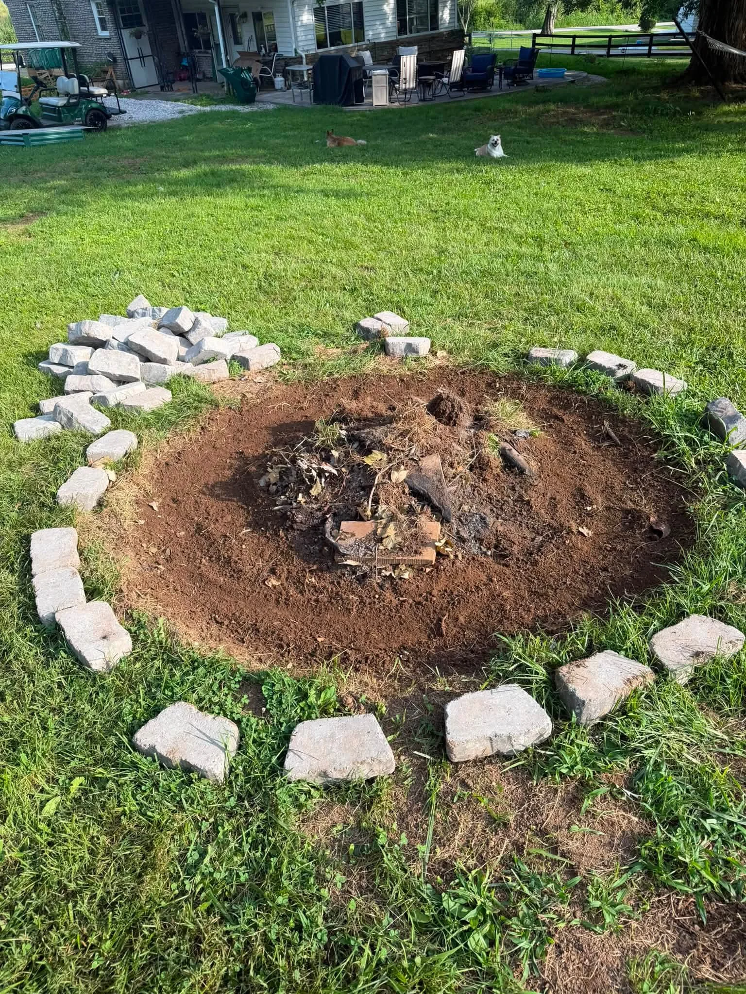 Got the fire pit set up. Now I need to cut up the tree that fell so we have some stools
