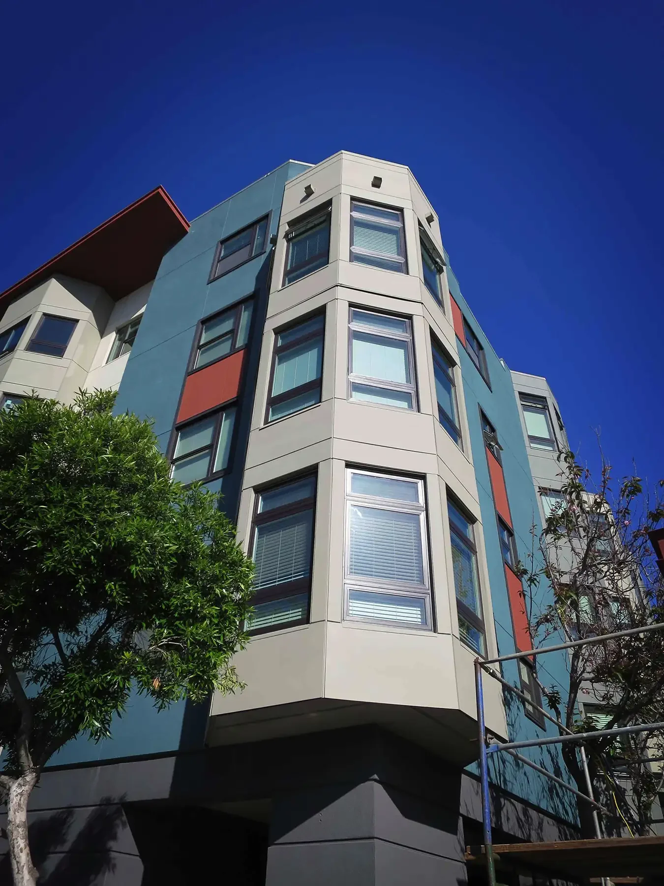 alternate view of post street building corner looking up from street