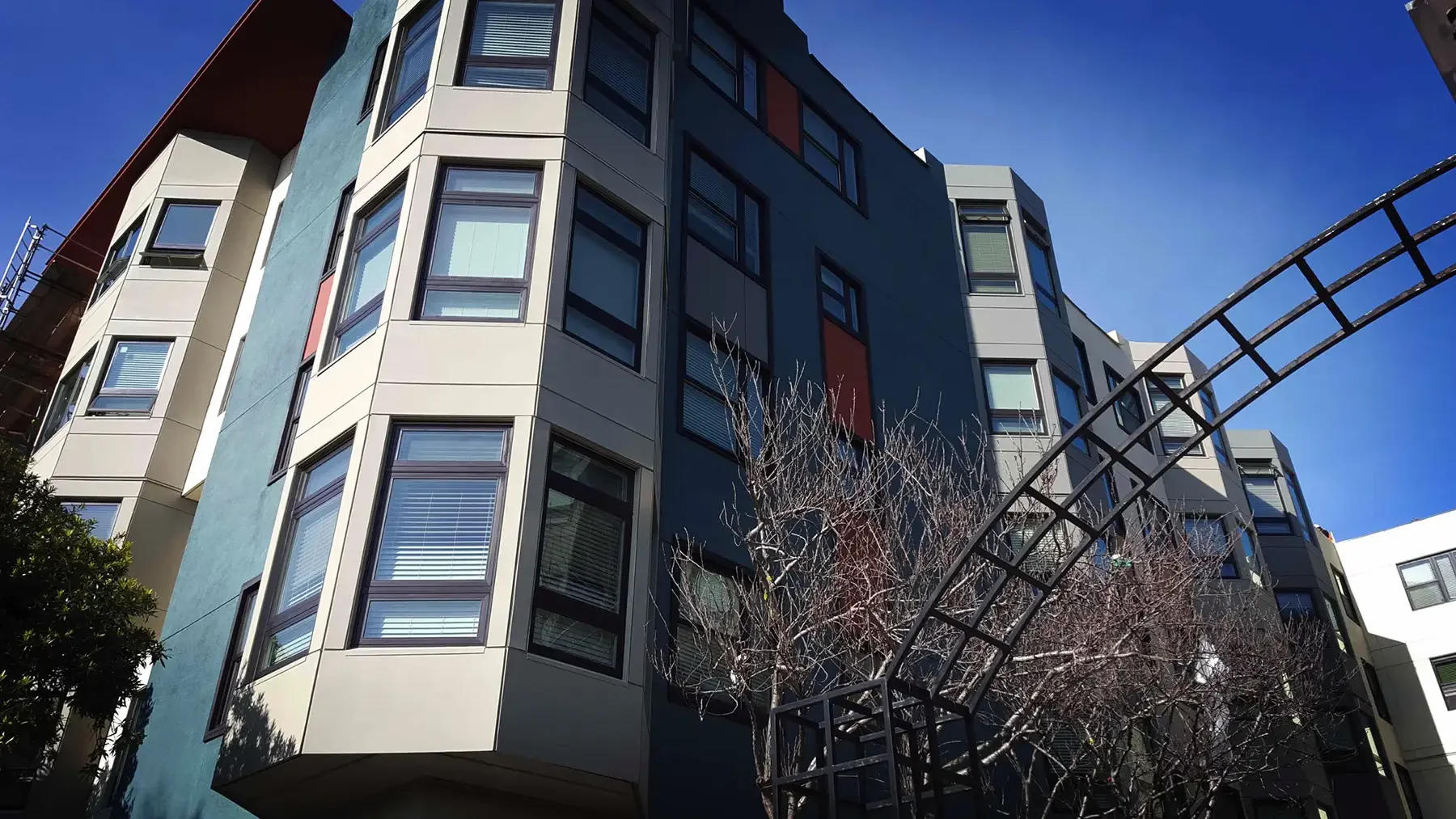 detail of post street building corner looking up from street