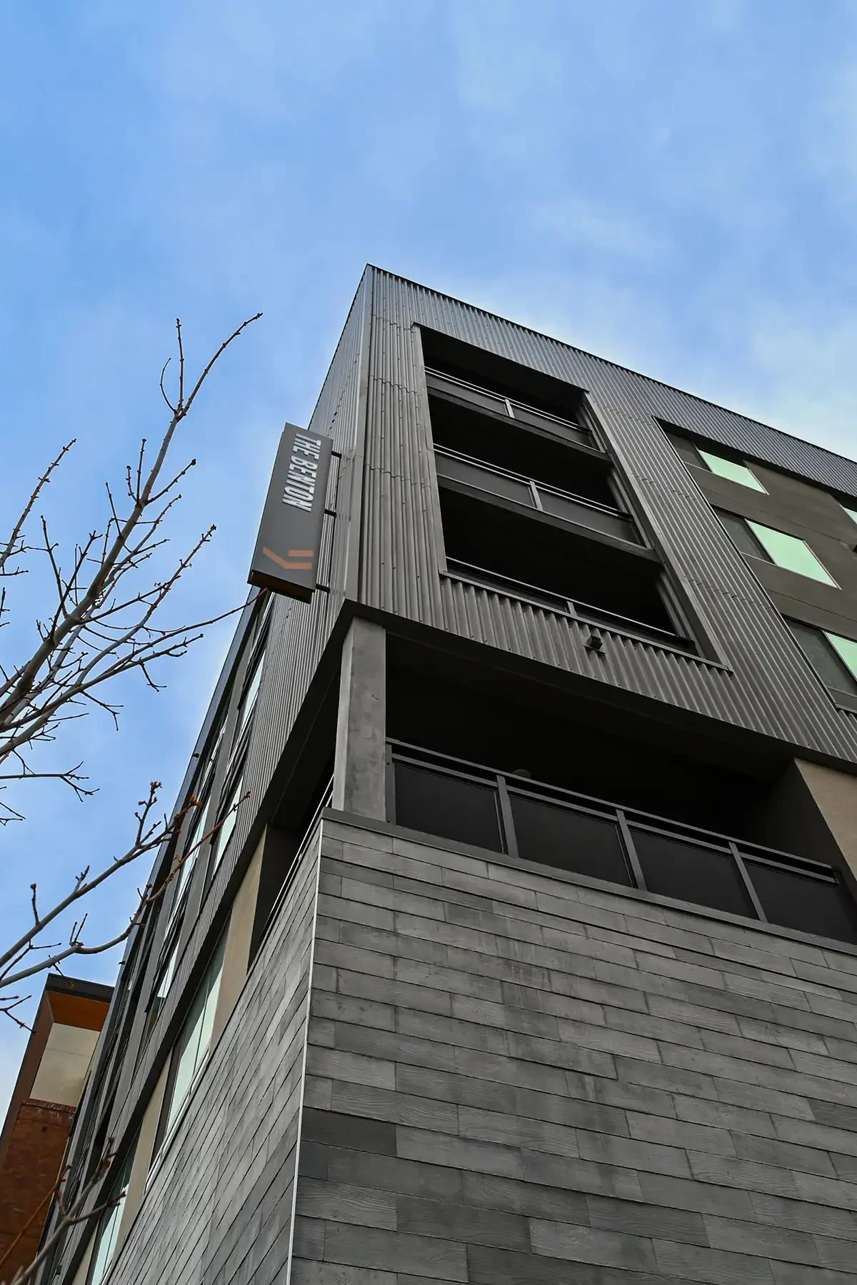 detail view of benton grey section looking up from sidewalk