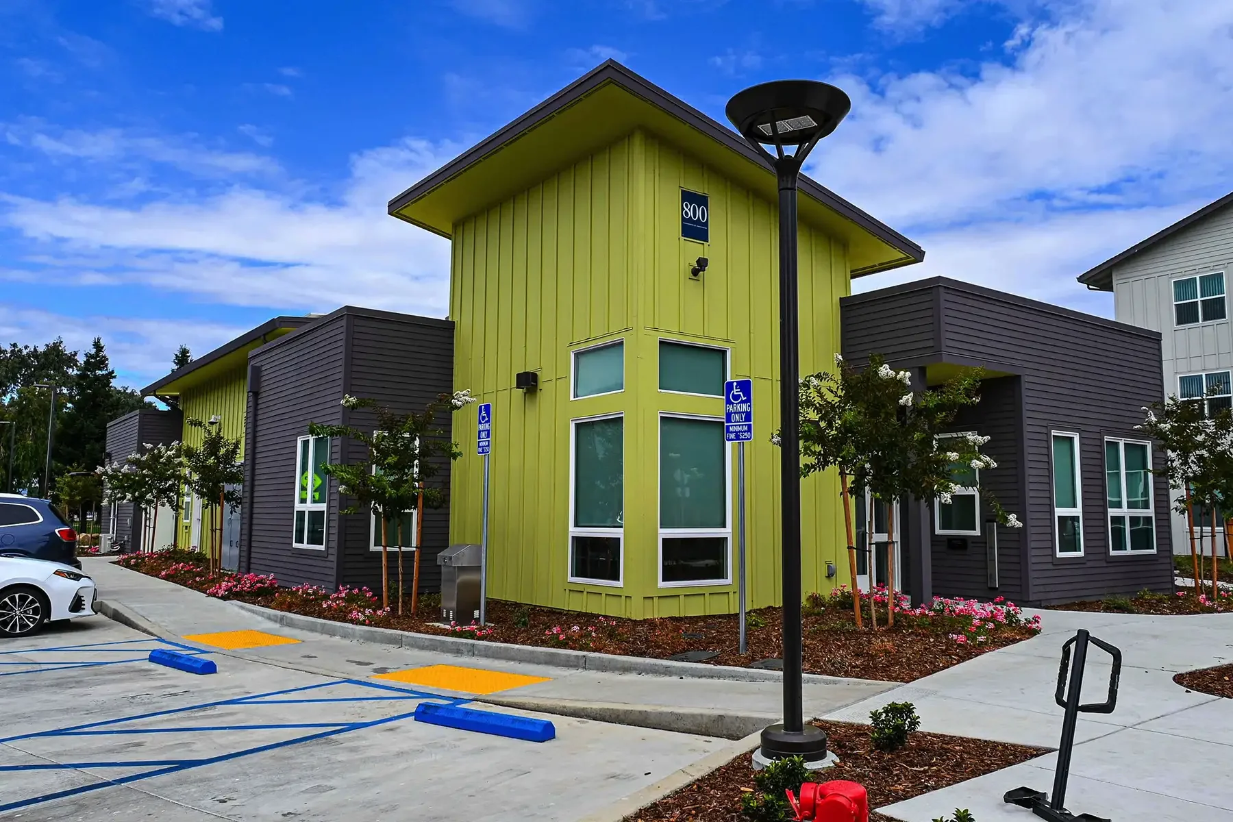 alternate angle of fair haven commons entrance with green-yellow section