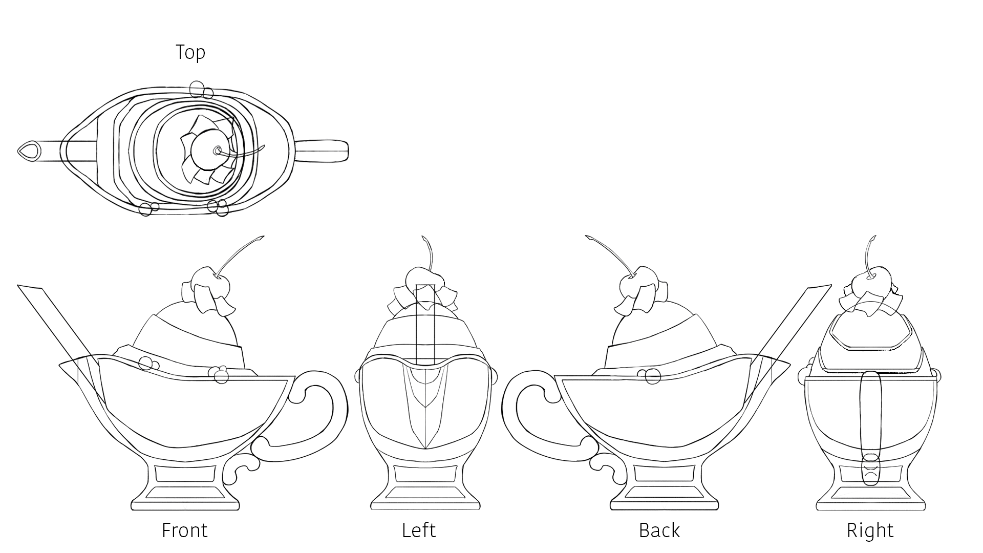 "Parfait Teapot". Final Design Orthographic. Adobe Photoshop. September 2, 2025.
