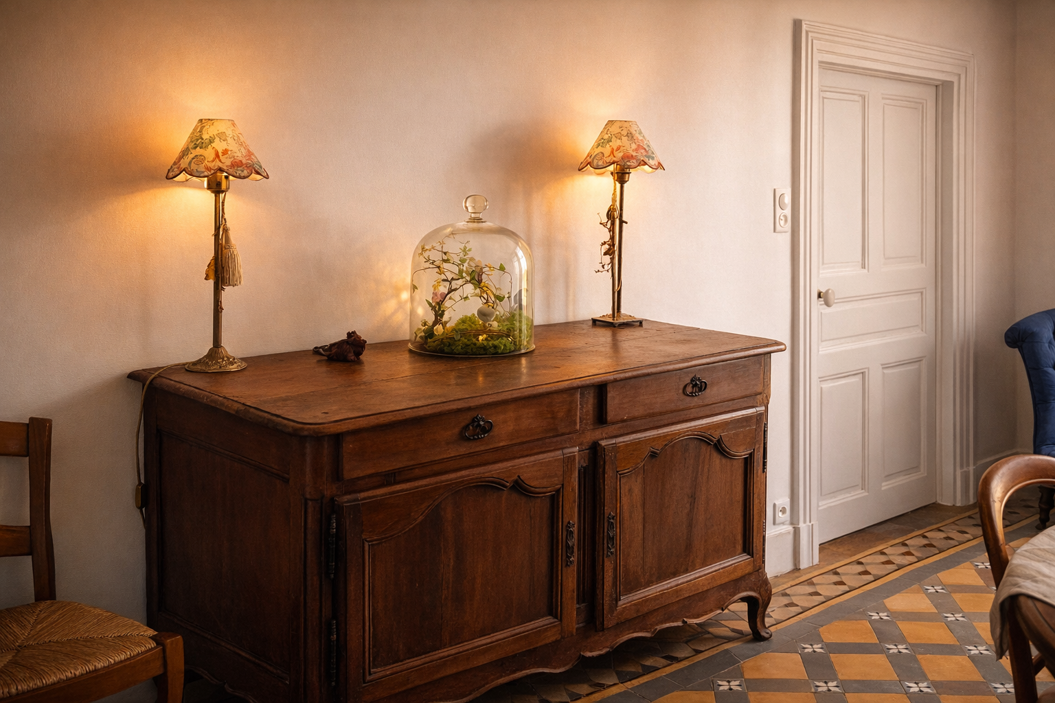 Un buffet en bois avec deux lampes et un terrarium en verre, dans une pièce à la décoration vintage et au sol en carreaux à motifs.