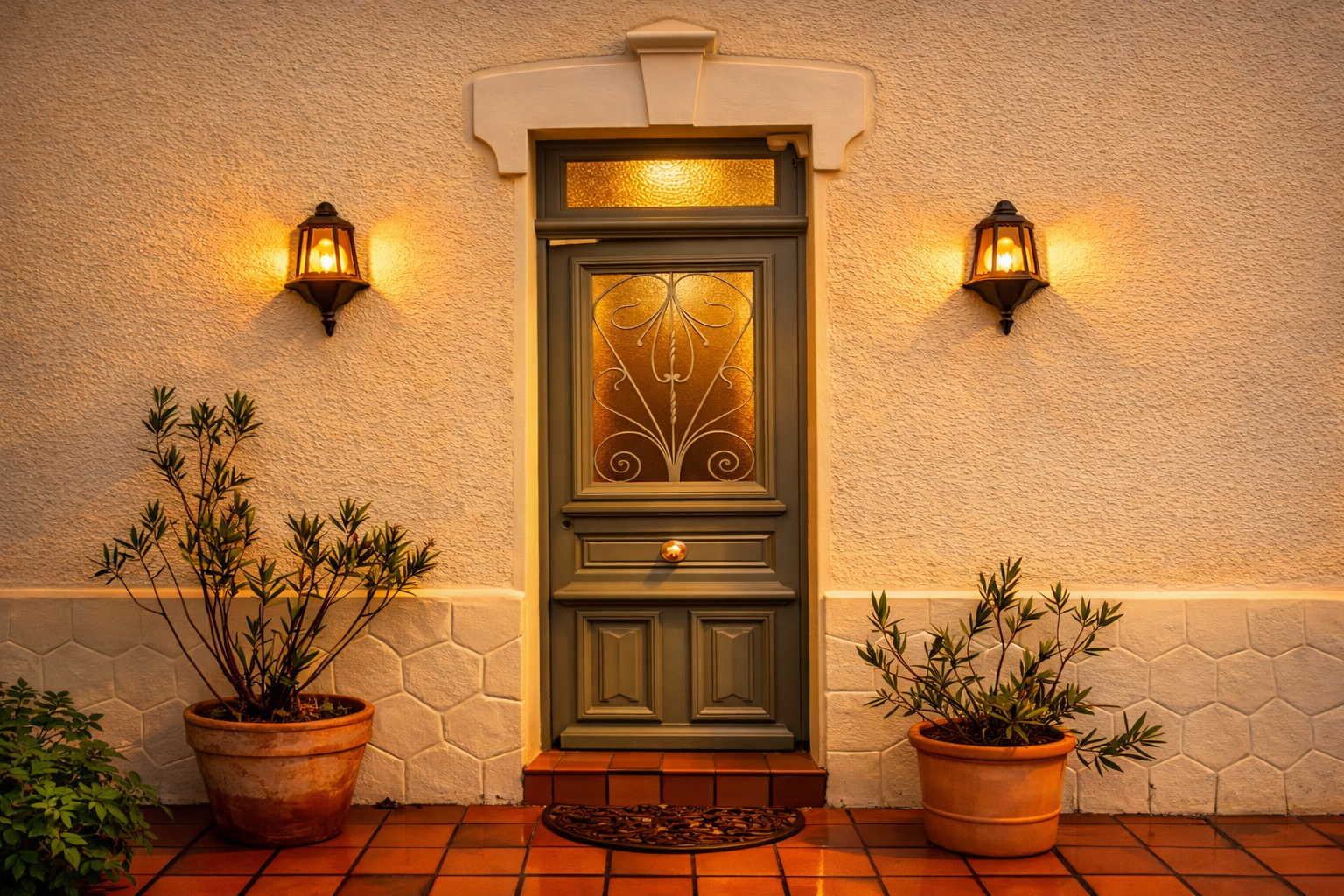 Une porte d’entrée extérieure avec deux lanternes murales fixées sur un mur texturé de couleur crème, des plantes en pot de chaque côté, un sol en briques et un paillasson décoratif.