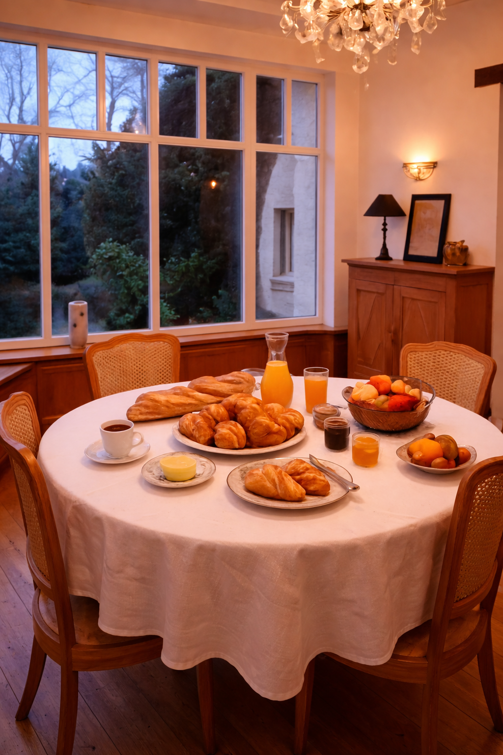 A cozy breakfast scene with a round table set with croissants, pastries, juice, coffee, butter, and fruit, in a room with large windows and a chandelier overhead.