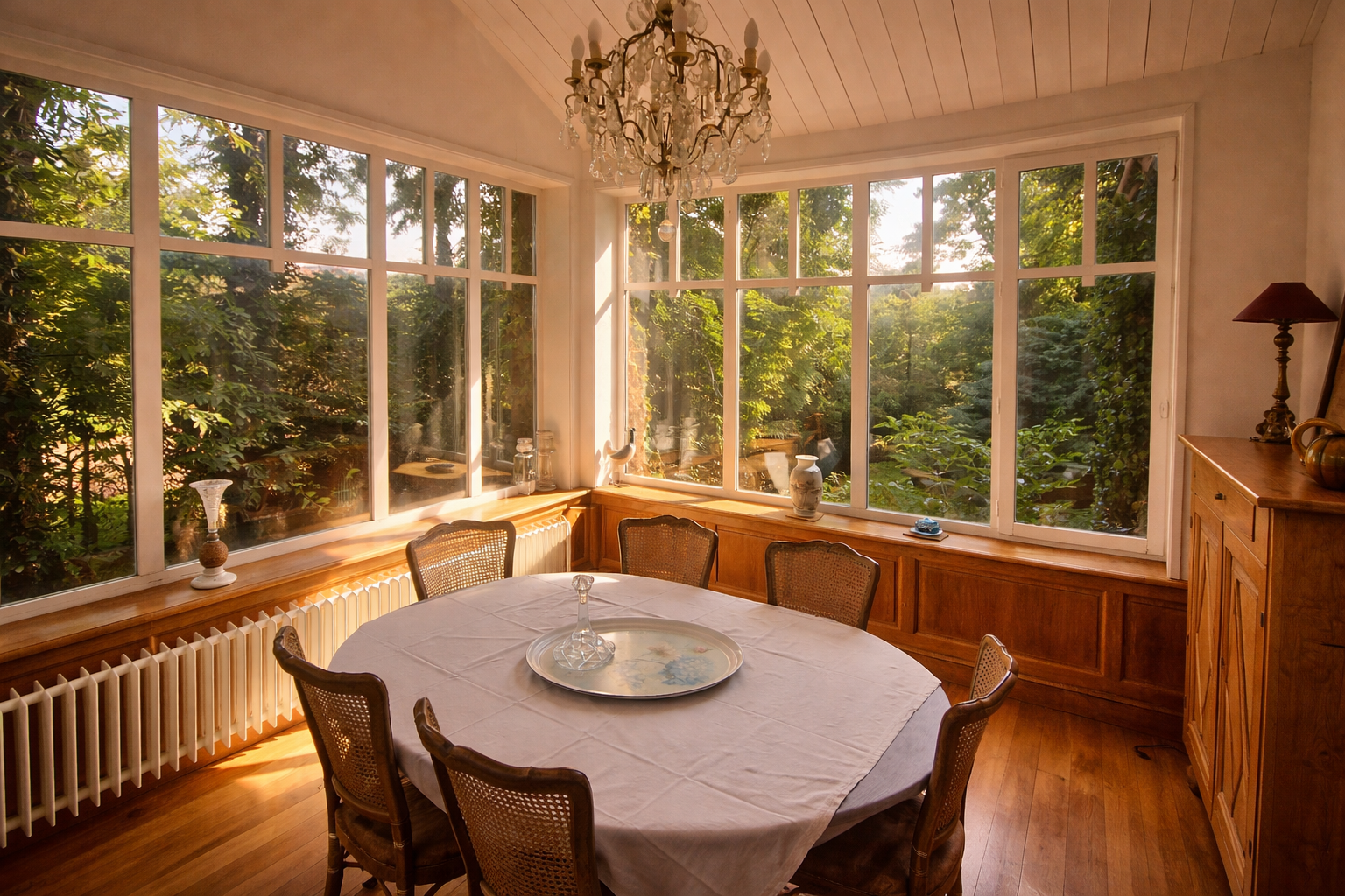 Une salle à manger baignée de lumière, avec une table ronde recouverte d’une nappe blanche, entourée de six chaises en osier, et une grande baie vitrée donnant sur un jardin arboré. La pièce est dotée d’un lustre suspendu au plafond, d’un sol en bois
