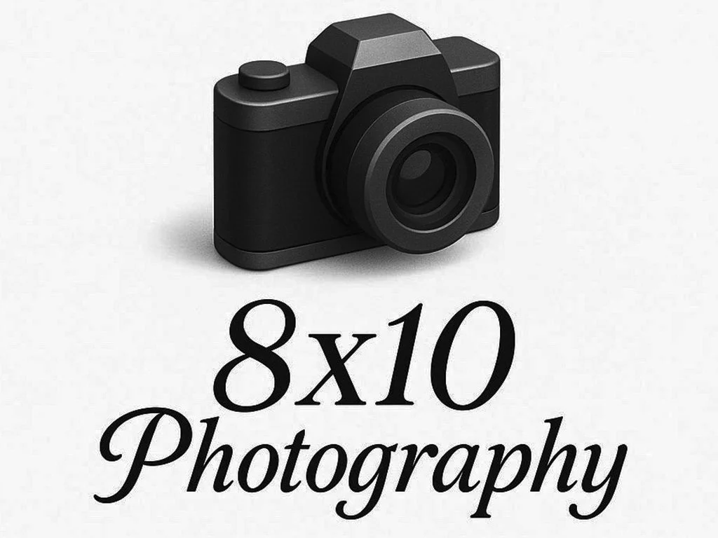 Black camera illustration above the text '8x10 Photography' in black cursive font on a white background.