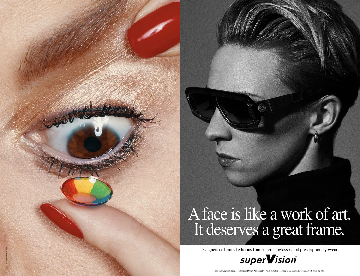 A split image with a close-up of a person's eye and finger on the left, showing makeup and a rainbow-colored contact lens, and a black-and-white photo of a woman wearing sunglasses and a turtleneck on the right, with text about the art of the face an