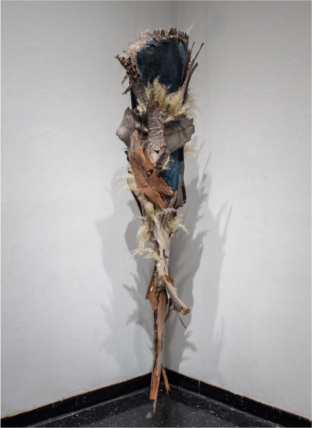 Peyton Doull 
Holding, 2025 
Found tree bark, pinecones, grass, cyanotype, antler, and thread  

In this piece, different fallen tree barks from around their campus and home were collected. Each piece of bark is sewn together and held together with p