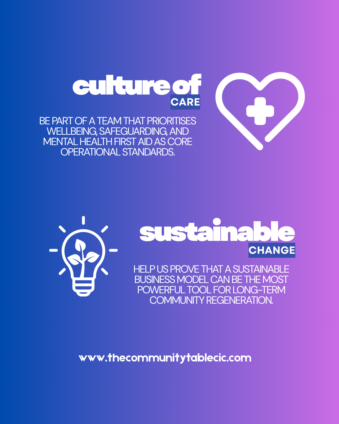 Flyer promoting health, wellbeing, and sustainability with icons of a heart with a medical cross and a light bulb with a plant, and website www.thecommunitytablecic.com.