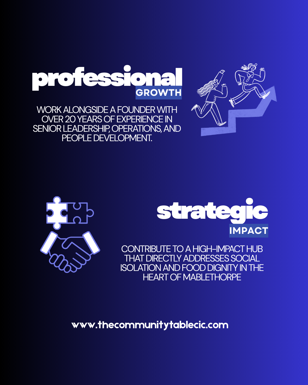 Graphic poster with blue gradient background, featuring white text about professional growth and strategic impact, along with illustrations of two people running up stairs and a handshake puzzle piece icon, and a website link at the bottom.