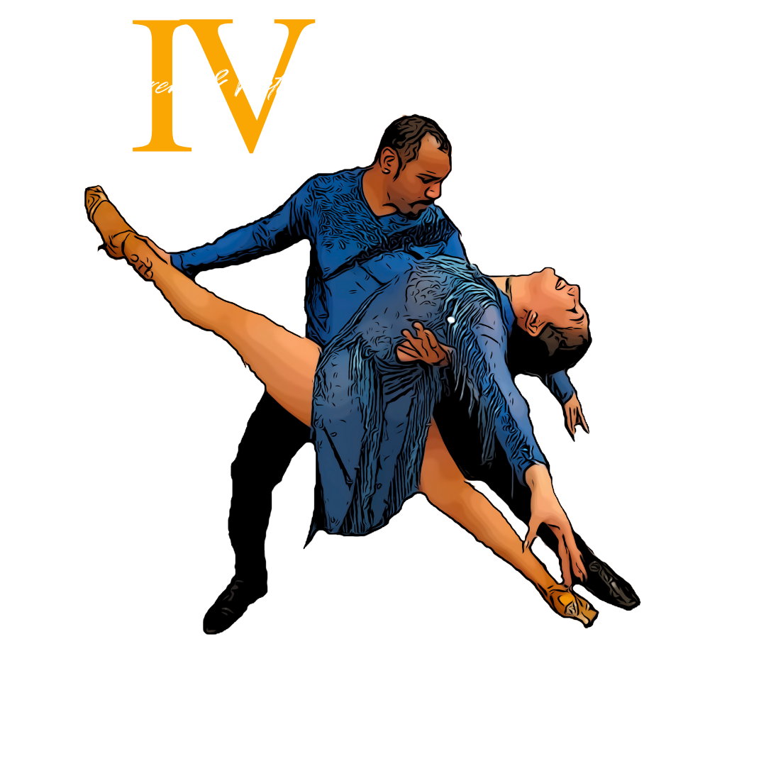 Digital illustration of a man and woman dancing closely together, with the woman bending backward and the man supporting her, both dressed in blue, against a background with stylized text.