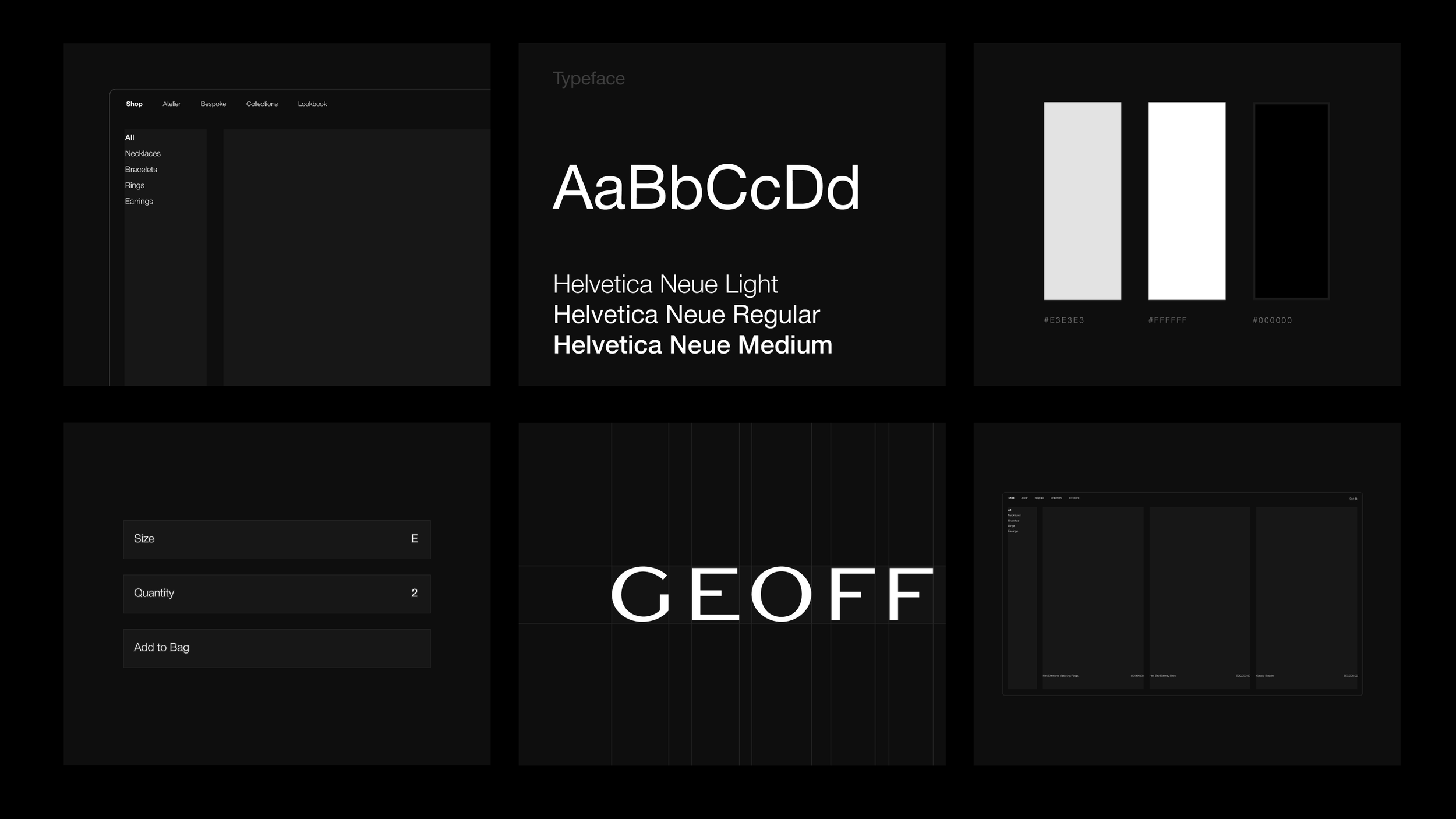 Collection of six black background images demonstrating design elements: shopping cart interface, typeface samples, color palette, size and quantity selection, logo design, and product display.