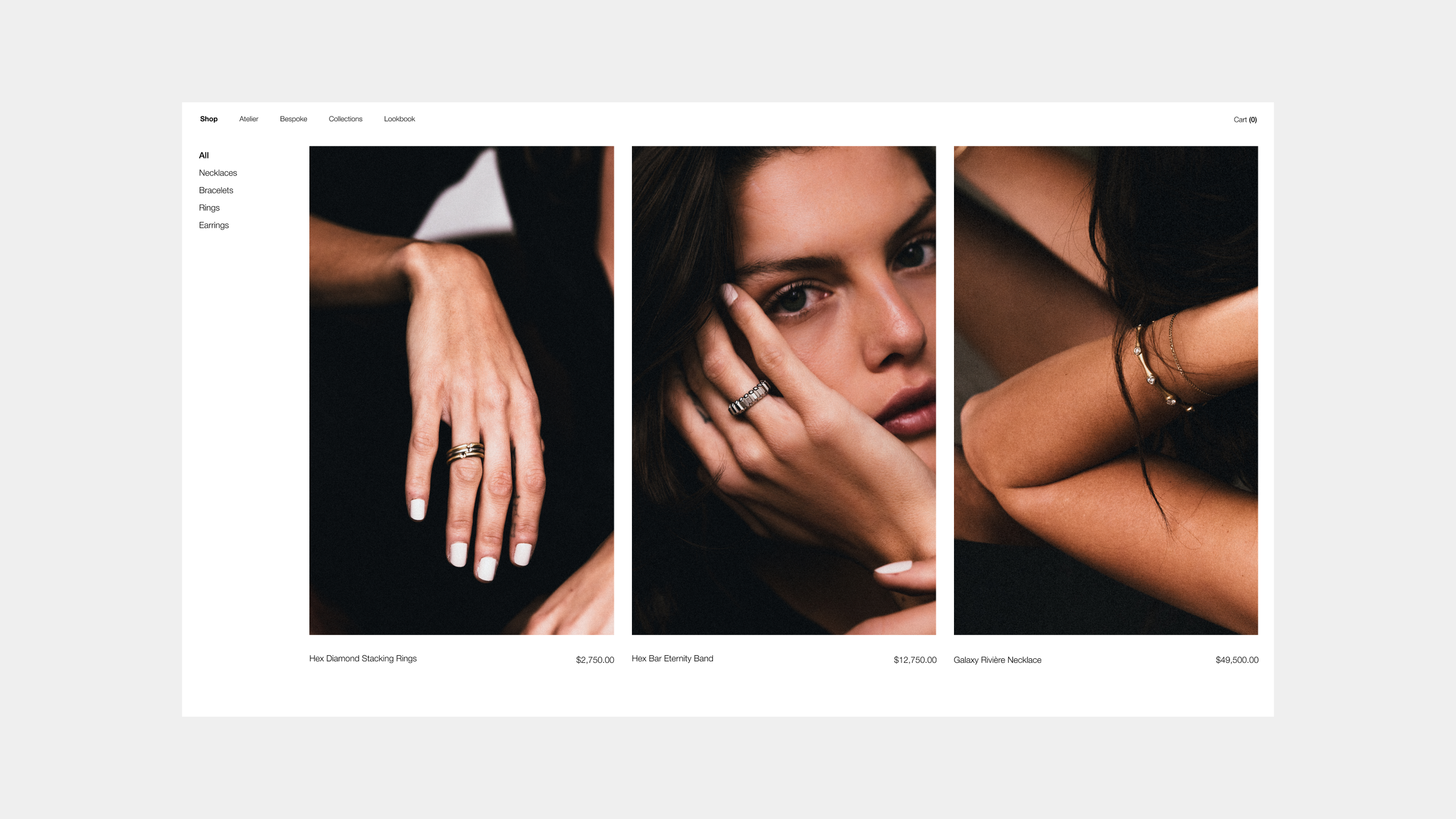 Online jewelry store webpage showing three jewelry pieces: gold and silver rings, a woman wearing a ring on her finger and a bracelet, all displayed with prices.