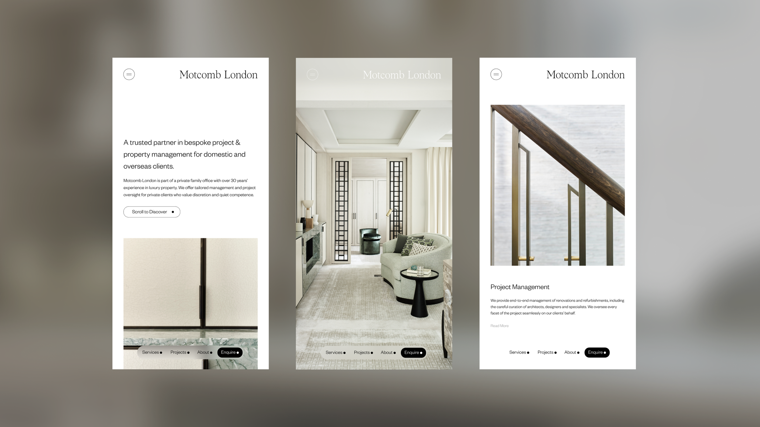 Three mobile website screens showcasing interior design and project management services for Motcomb London.