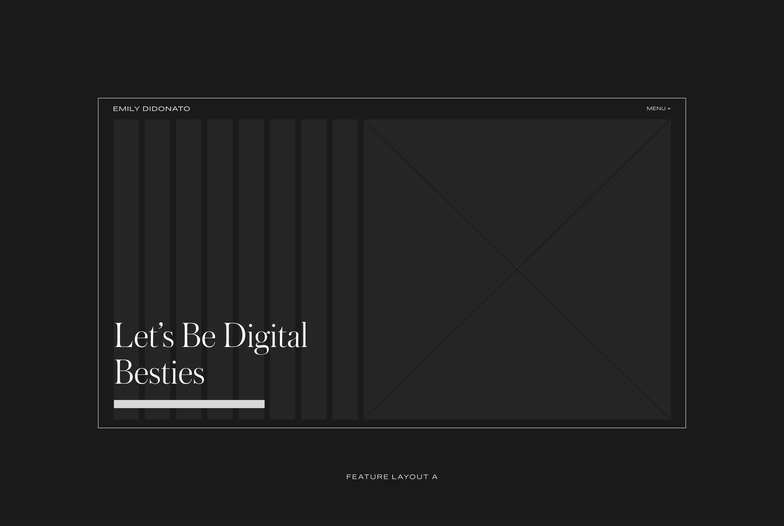 A website layout with a dark theme, displaying the text "Let’s Be Digital Beasts" and the name Emily Didonato at the top left, along with menu options.