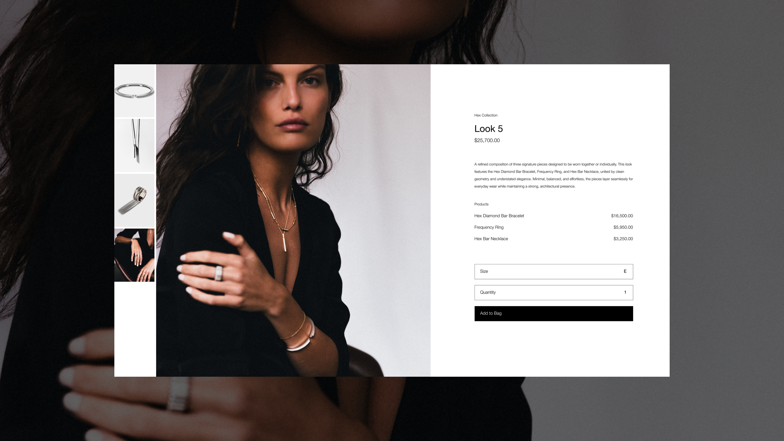 An online jewelry store displays a product page for the Hex 5 jewelry collection featuring a model wearing jewelry and a screenshot of the product details including images of jewelry, product description, and purchase options.