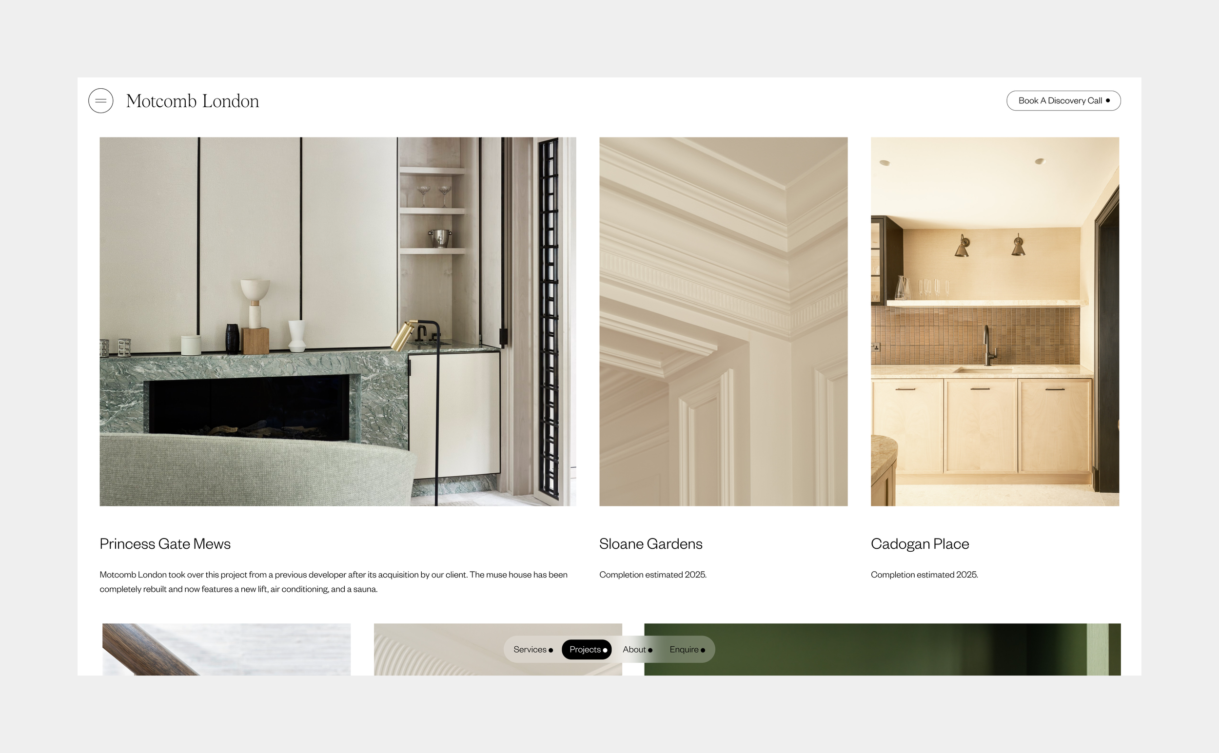 Web page showcasing interior design projects, featuring three images of modern rooms and brief descriptions of each project.