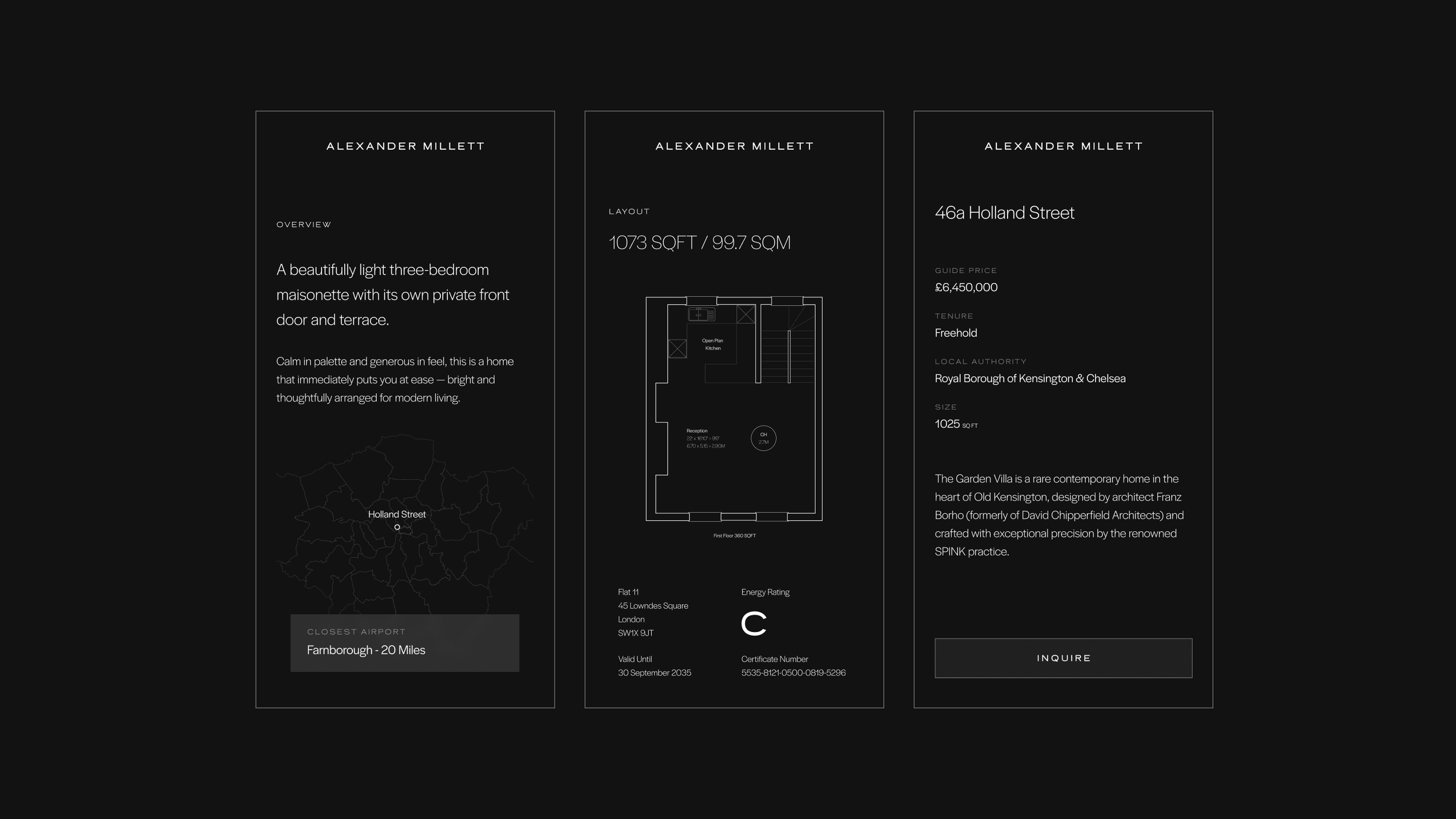 Dark-themed real estate listing webpage for a property on Holland Street, London, showing property details, floor plan, map location, and contact button.