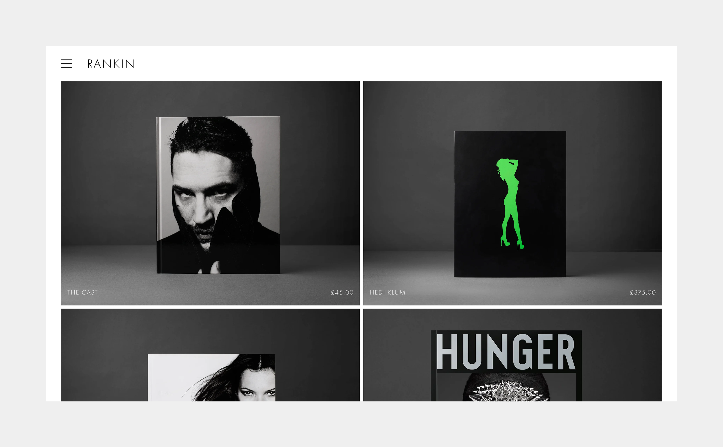 Online store webpage displaying four art prints or posters for sale, with titles and prices listed below each image, on a gray background.