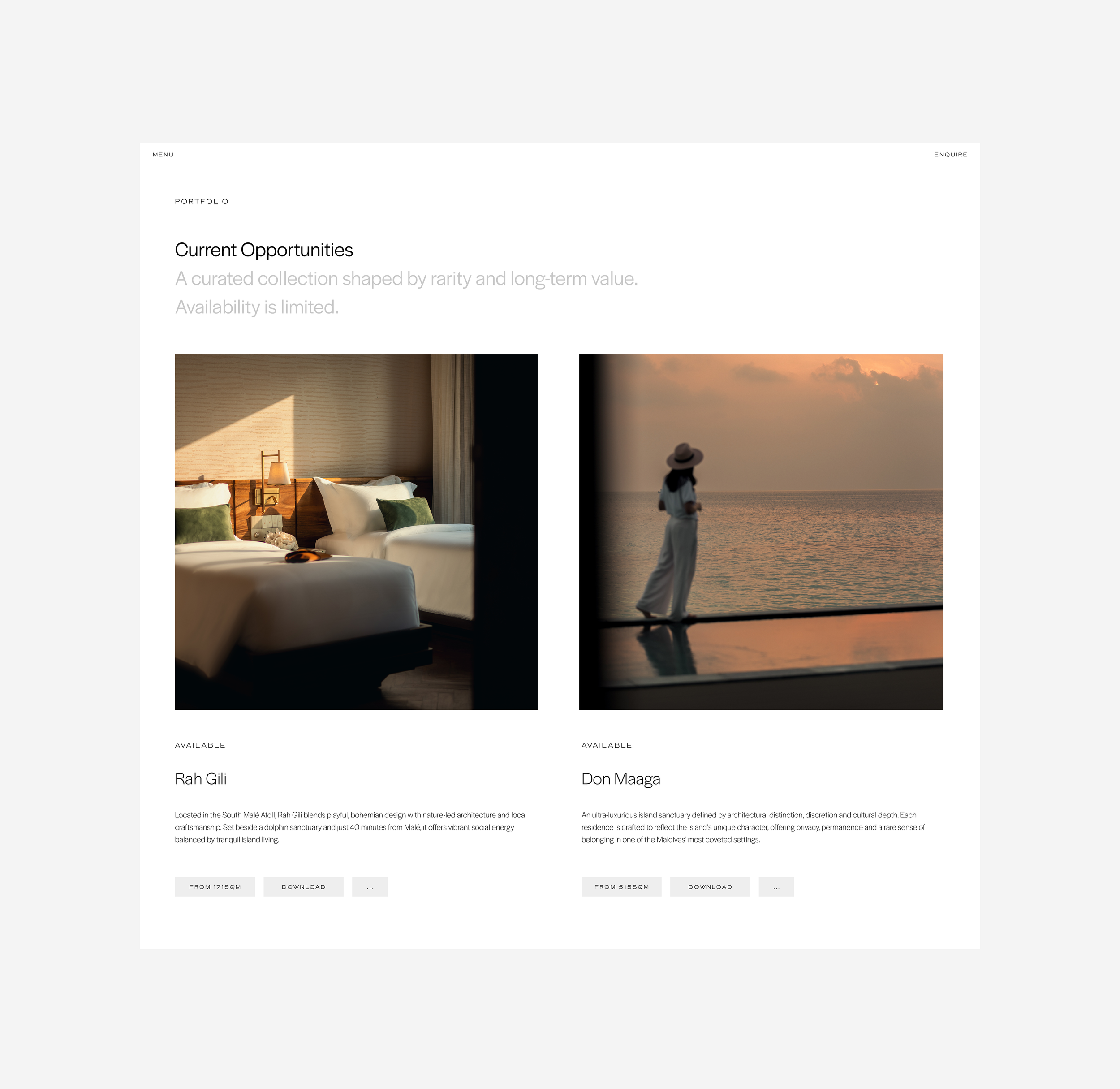 Webpage showcasing two luxury vacation options with images; left image of a modern hotel room with white beds and green pillows, right image of a woman in white outfit and hat standing by a pool overlooking the ocean at sunset.