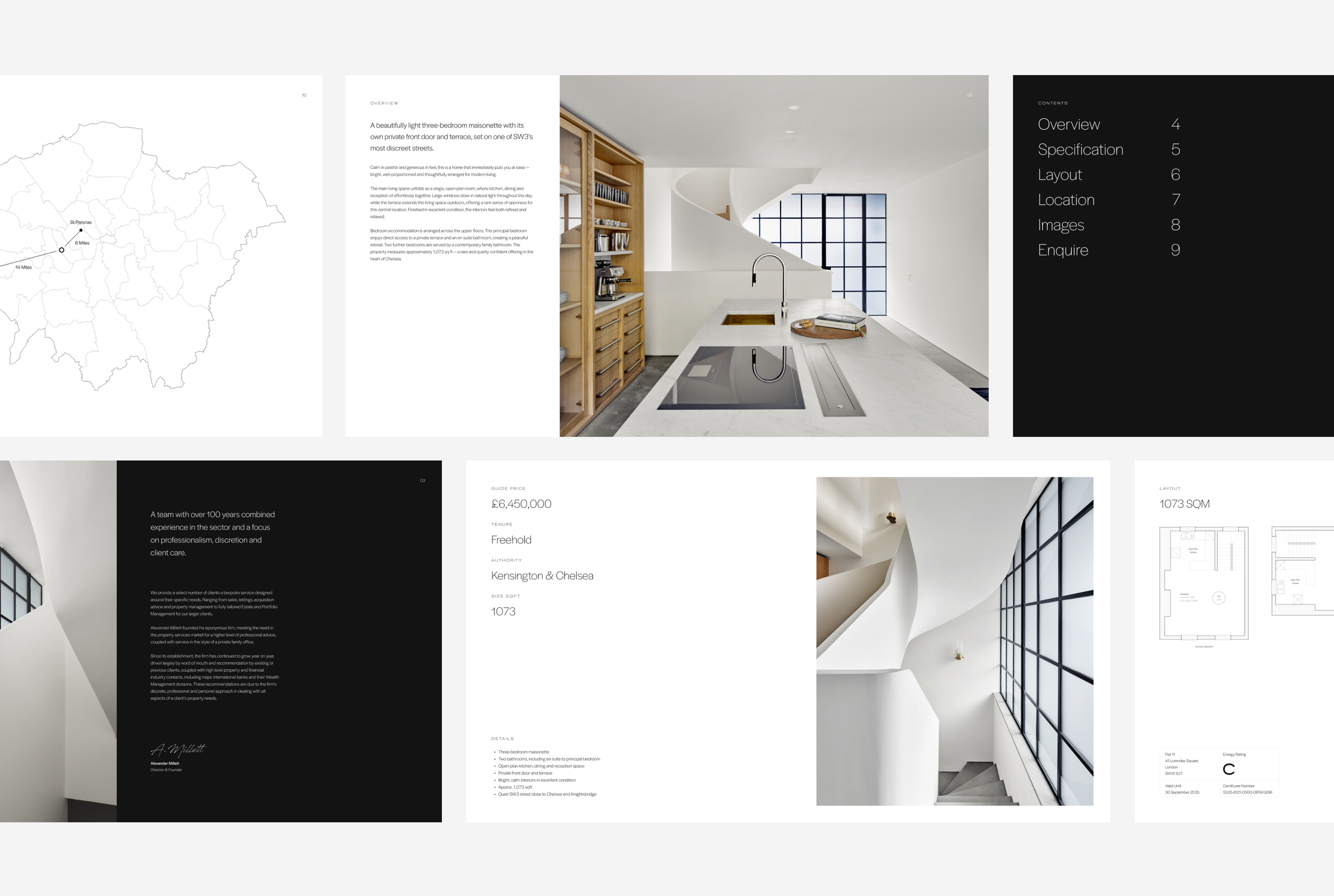 Design presentation of a modern kitchen and architectural details of a white spiral staircase with large windows.