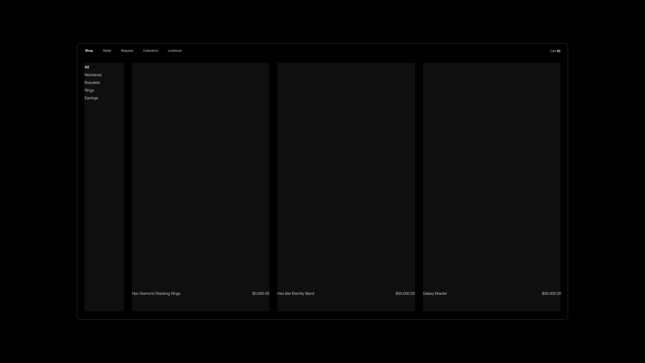 Screenshot of a jewelry store website featuring men's accessories like rings, with black background and product listings.