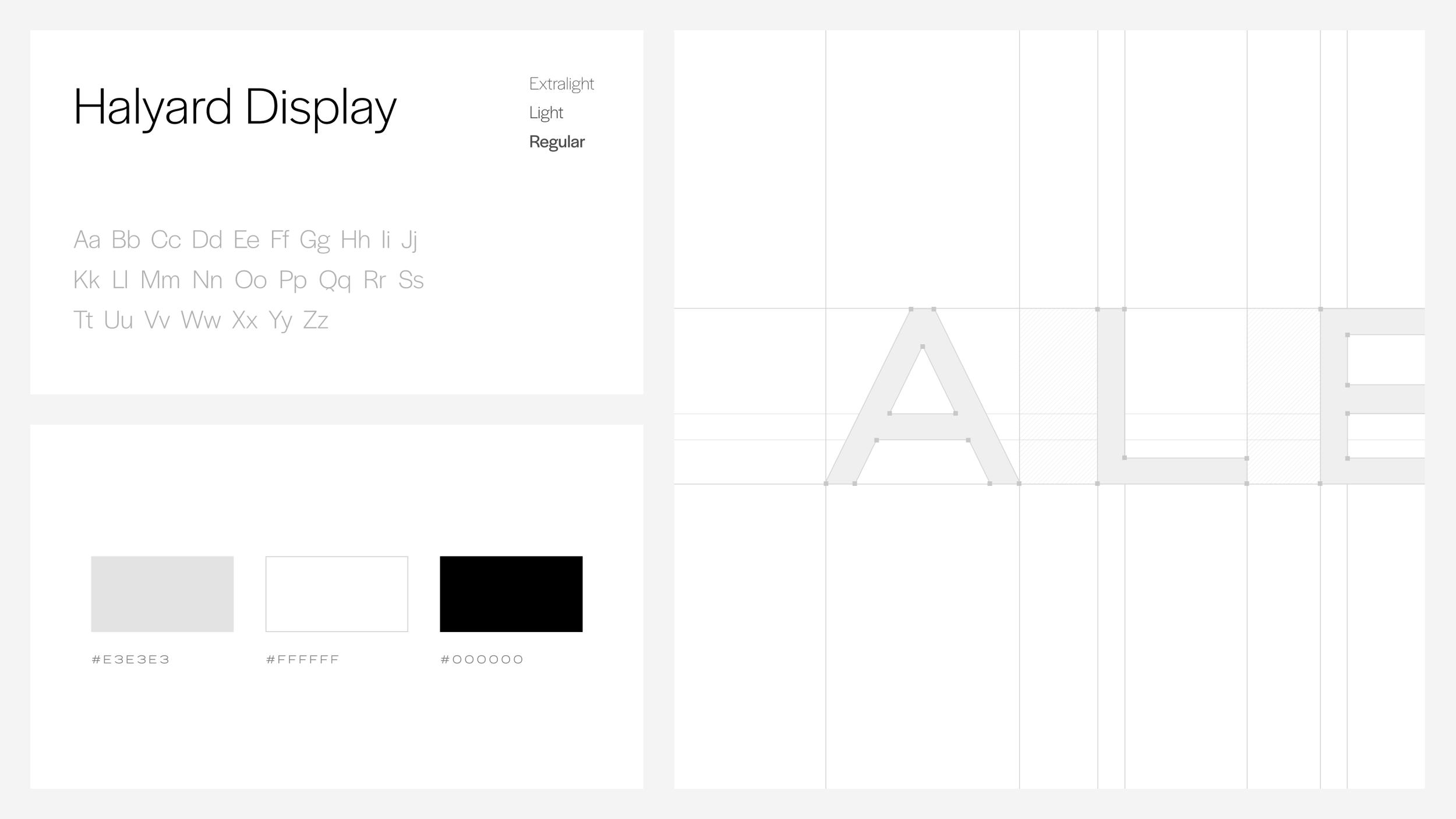 A style guide page for the Halyard Display font, showing the font name, styles (Extralight, Light, Regular), sample alphabet, and color palette of three shades of gray, white, and black.