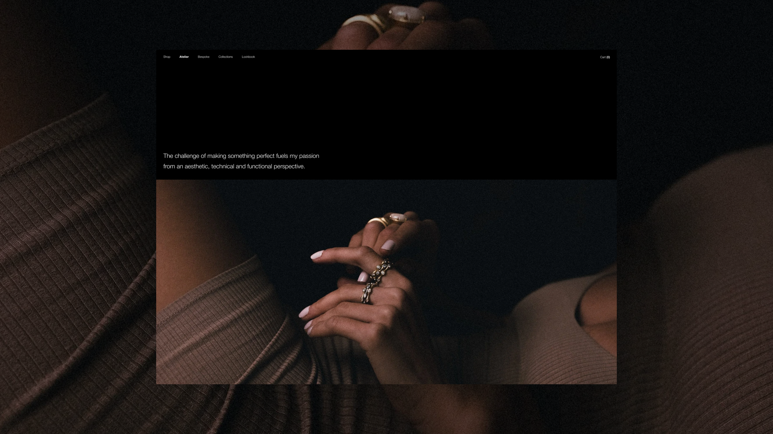 A person wearing ribbed brown clothing is holding jewelry, including rings and a bracelet, against a dark background, with a website overlay with menus and text.