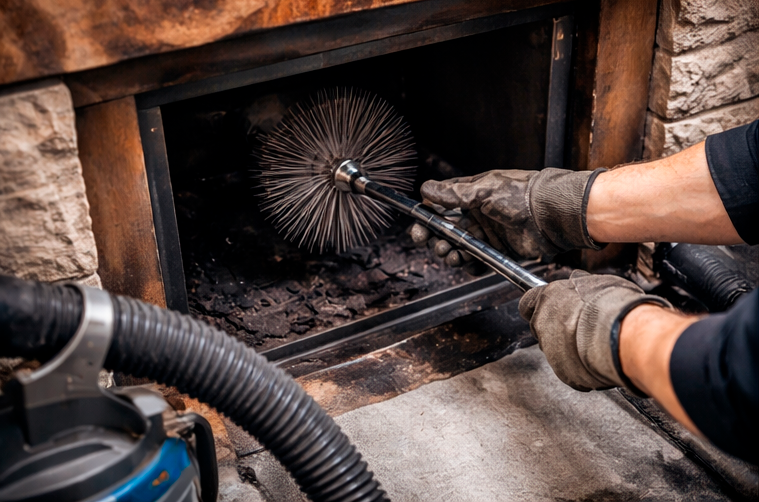 Deux mains portant des gants nettoient un conduit de cheminée avec une brosse métallique