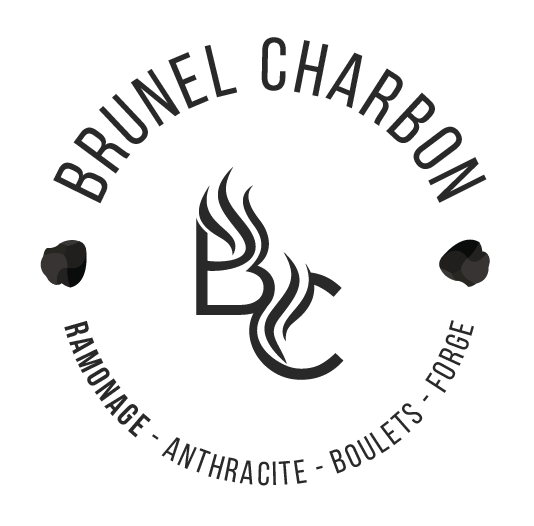 Logo circulaire avec le texte "BRUNEL CHARBON" en haut, des pierres de charbon à gauche et à droite, et le texte "RAMONAGE - ANTHRACITE - BOULETS - FORAGE" en bas, avec une icône centrale représentant une flamme et un outil de ramonage.