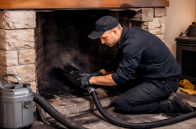 Un homme nettoie un foyer de cheminée avec un aspirateur à cendres, en position inclinée, vêtement noir et casquette, dans une pièce chaleureuse.