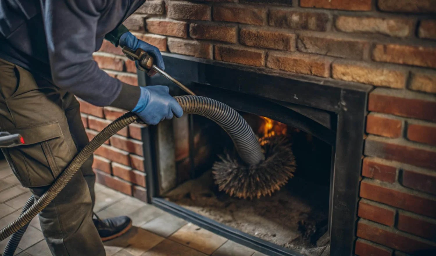 Personne nettoyant ou dépoussiérant un insert ou un foyer de cheminée en utilisant un grand tuyau d'aspiration avec une brosse ronde à l'extrémité, dans une cheminée en briques.