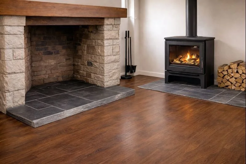 Un salon avec une cheminée en pierre, un poêle à bois allumé, un tas de bois empilé à côté, et un sol en bois foncé.