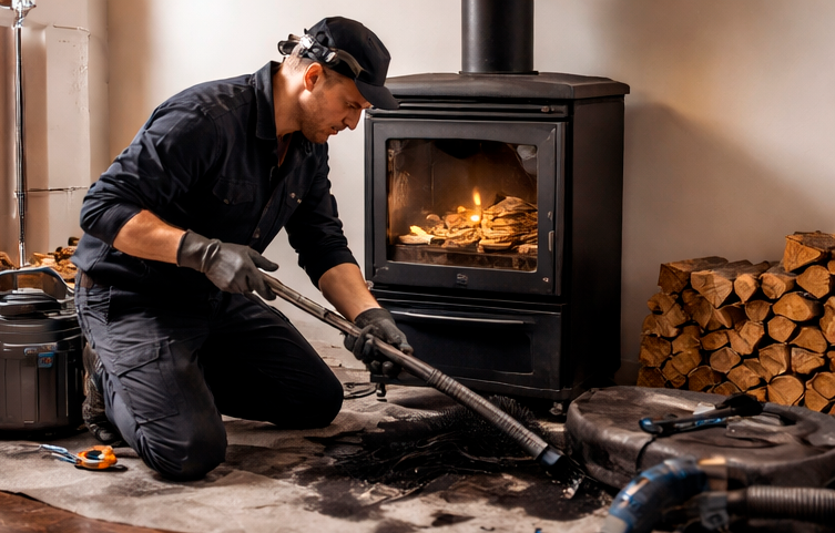 Homme utilisant un aspirateur à poussière sur le sol devant un poêle à bois allumé