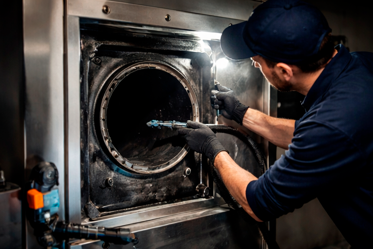 Un technicien nettoie une machine de lavage à l'aide d'un pulvérisateur, dans un environnement industriel.