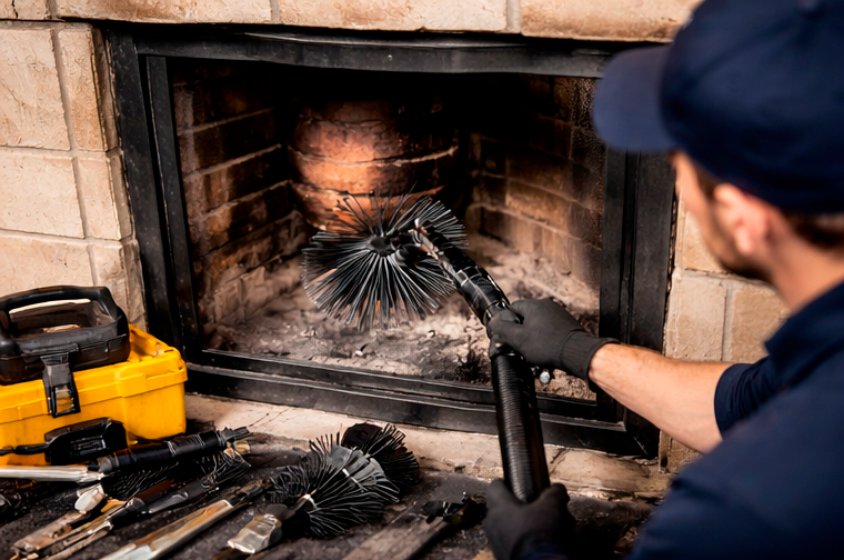 Une personne nettoie un foyer de cheminée avec un outil spécialisé, avec d'autres outils sur le sol, en arrière-plan des briques et une surface de cheminée.